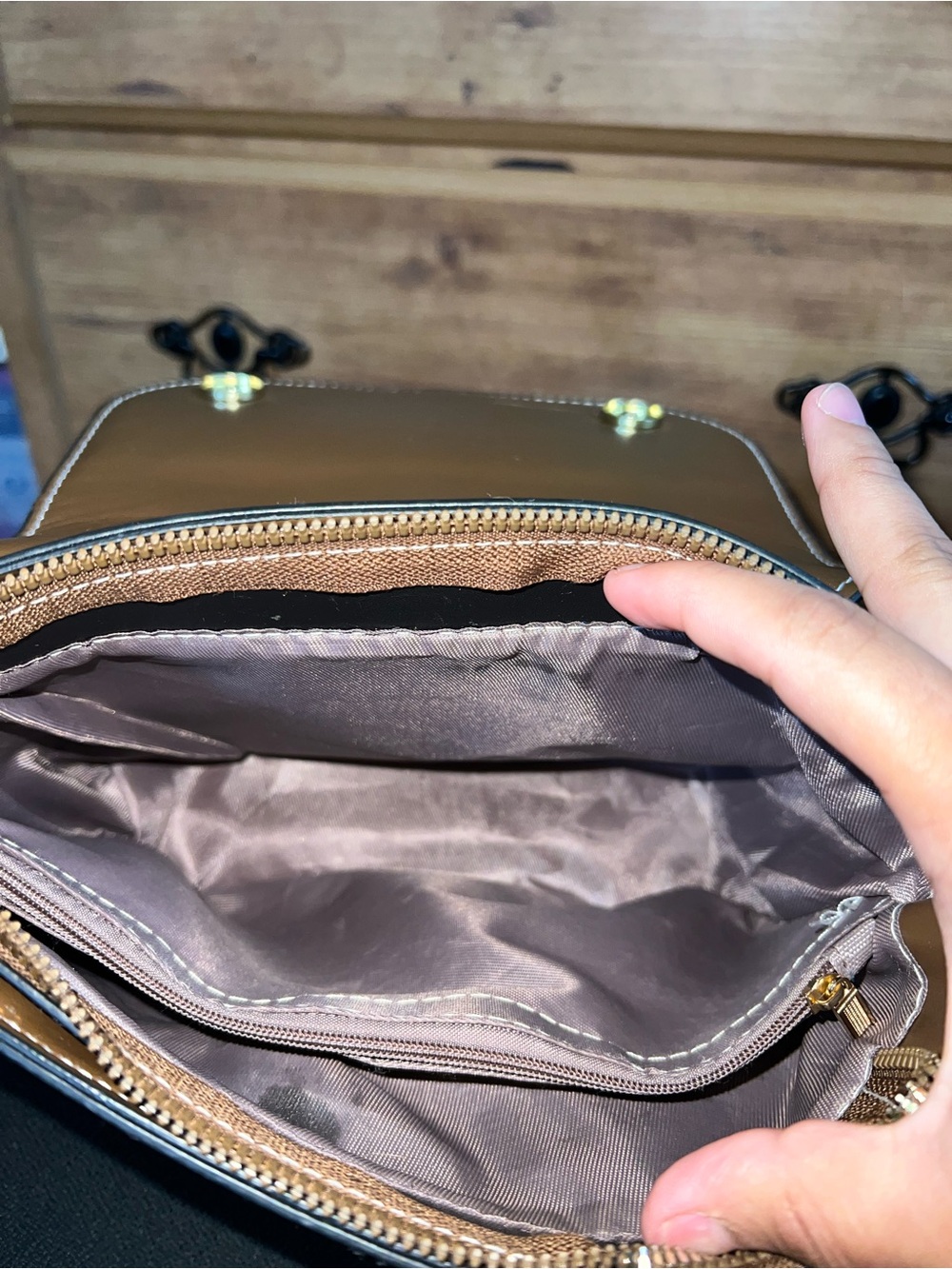 SHEIN Beige Patterned Top-Handle Satchel with Brown Trim - Picture 5 of 9